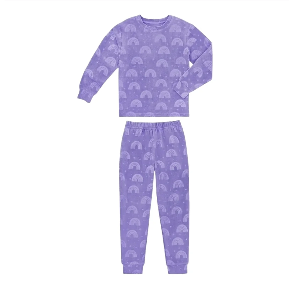 Members Mark Girls Lilac Purple Pastel Rainbow Plush Fleece Pajama Set - XS 4/5